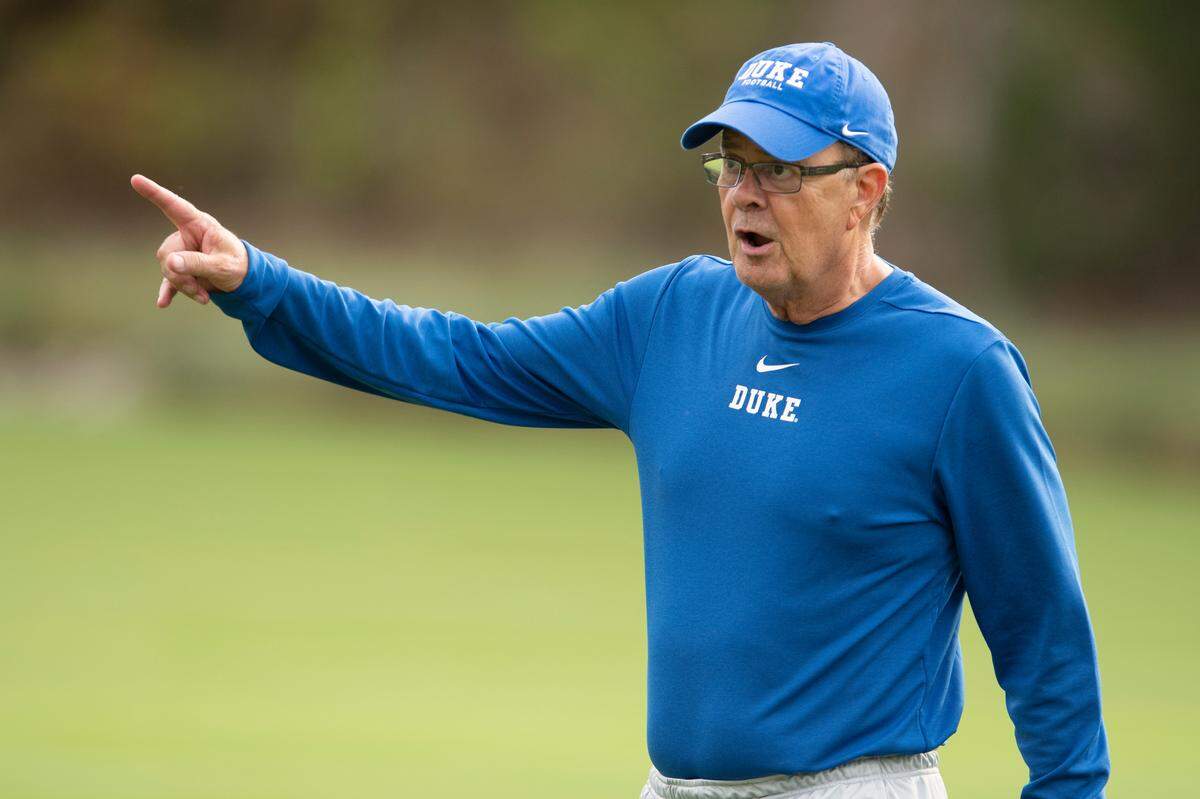 Duke coach David Cutcliffe gives instructions as Duke holds its first football practice of the season Friday, August 2, 2019.