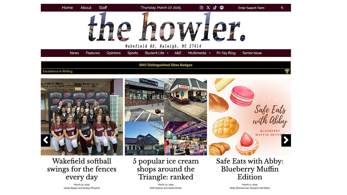 Homepage for The Howler, the student newspaper of Wakefield High School in Raleigh, N.C. The Wake County school system won’t let high schools use SNO Sites to host their student newspapers after June 30, 2025.