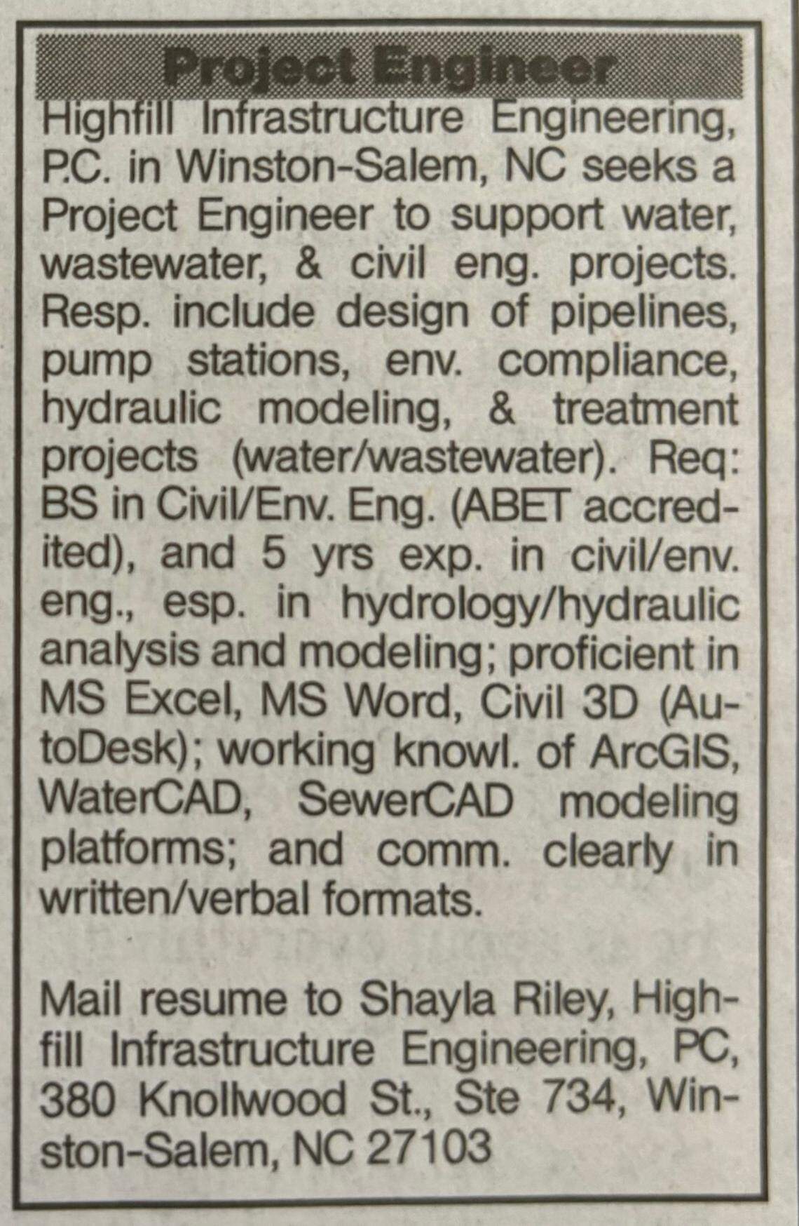 The water infrastructure firm Highfill posted this classified on Nov. 10, 2024.