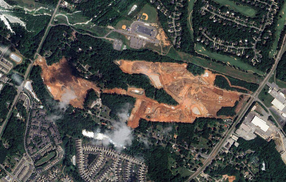 This Google Earth image from May 2025 shows land cleared for the Mooresville BTR project.&nbsp;A road now under construction will provide access to the development and a new route between US 21 and NC 115.