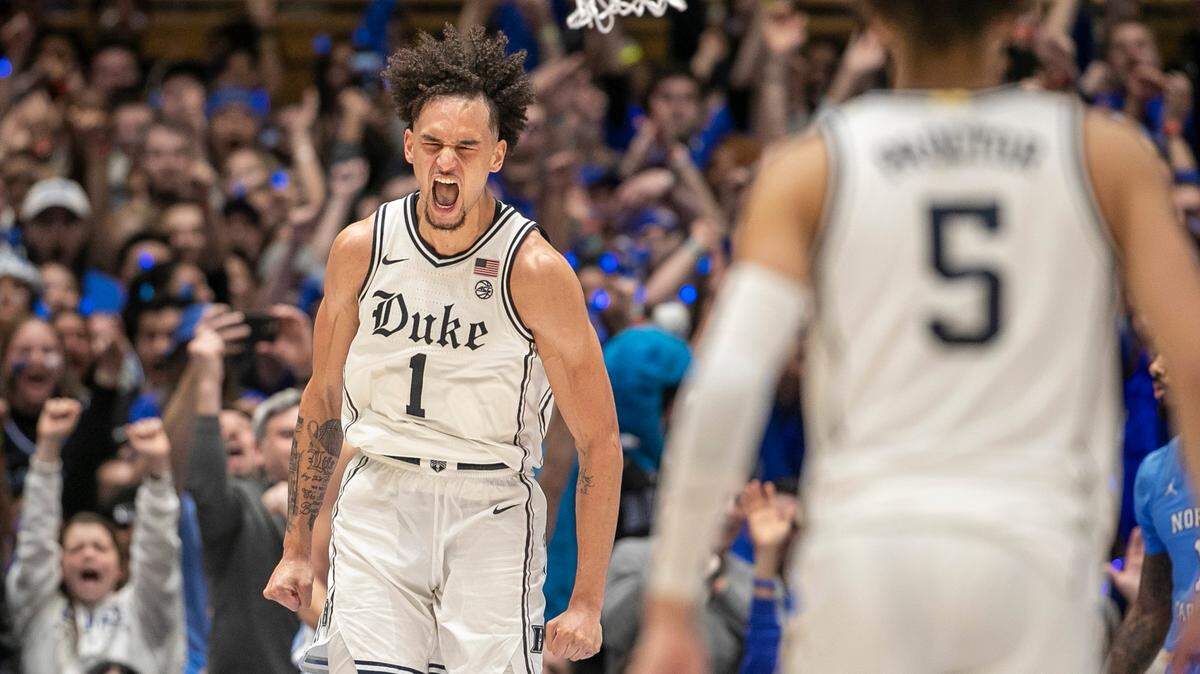 Duke’s Dereck Lively II (1) reacts after a dunk to give the Blue Devils a 59-57 lead with 1:32 to play and helping to secure their 63-57 win over North Carolina on Saturday, February 4, 2023 at Cameron Indoor Stadium in Durham, N.C.