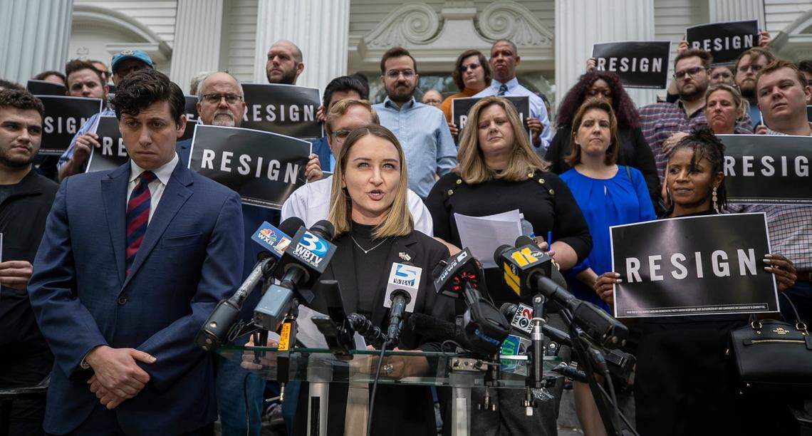 North Carolina Democratic Party Chair Anderson Clayton denounces Rep. Tricia Cotham’s defection to the Republican Party on Wednesday, April 5, 2023 at the North Carolina Democratic Headquarters in Raleigh, N.C.