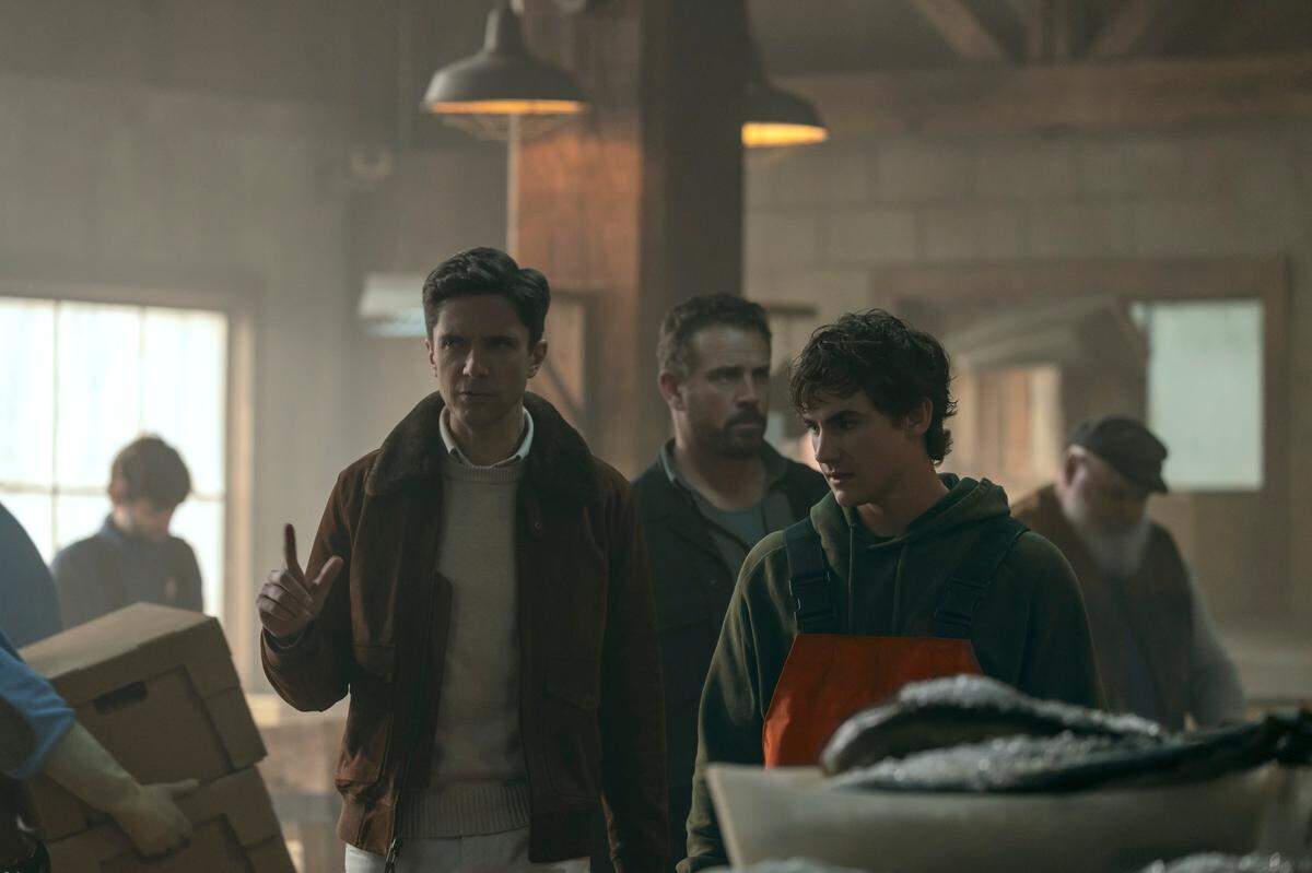 Topher Grace as Grady, Josh Crotty as Nate and Brady Hepner as Diller Hopkins in “The Waterfront.”