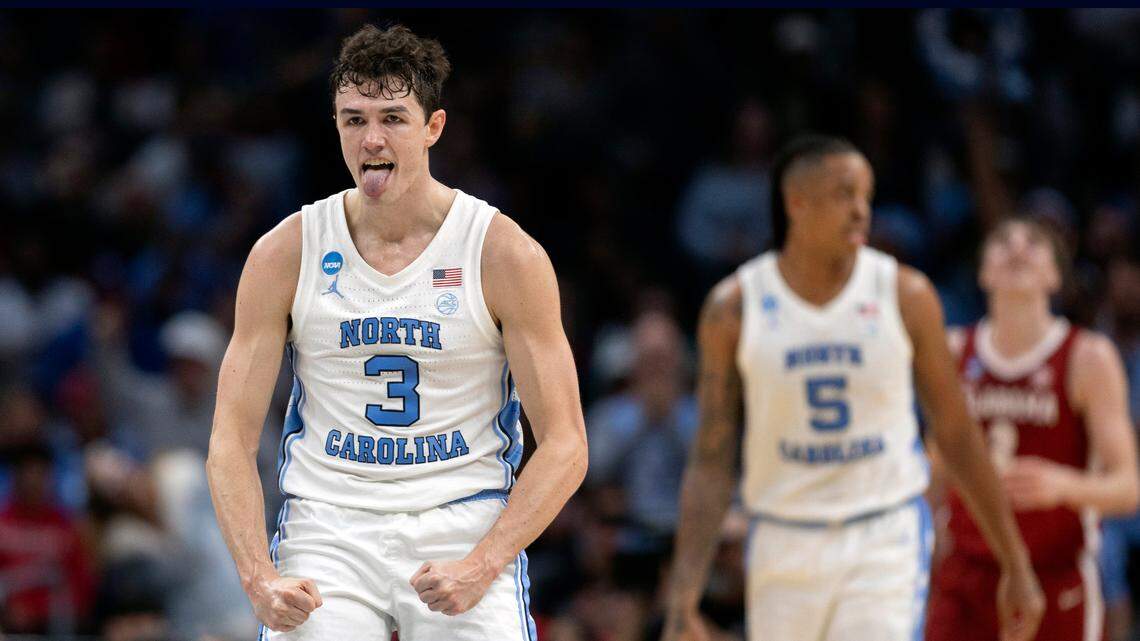 North Carolina’s Cormac Ryan (3) reacts after forcing a turnover and sinking a basket to give the Tar Heels a lead over Alabama in the first half during the NCAA Sweet Sixteen on Thursday, March 28, 2024 at Crypto.com Arena in Los Angeles, CA.