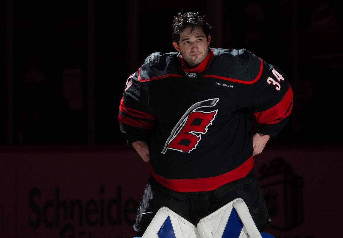 Carolina Hurricanes goaltender Dustin Tokarski (34) comes out onto the ice after their victory against the Columbus Blue Jackets at Lenovo Center.