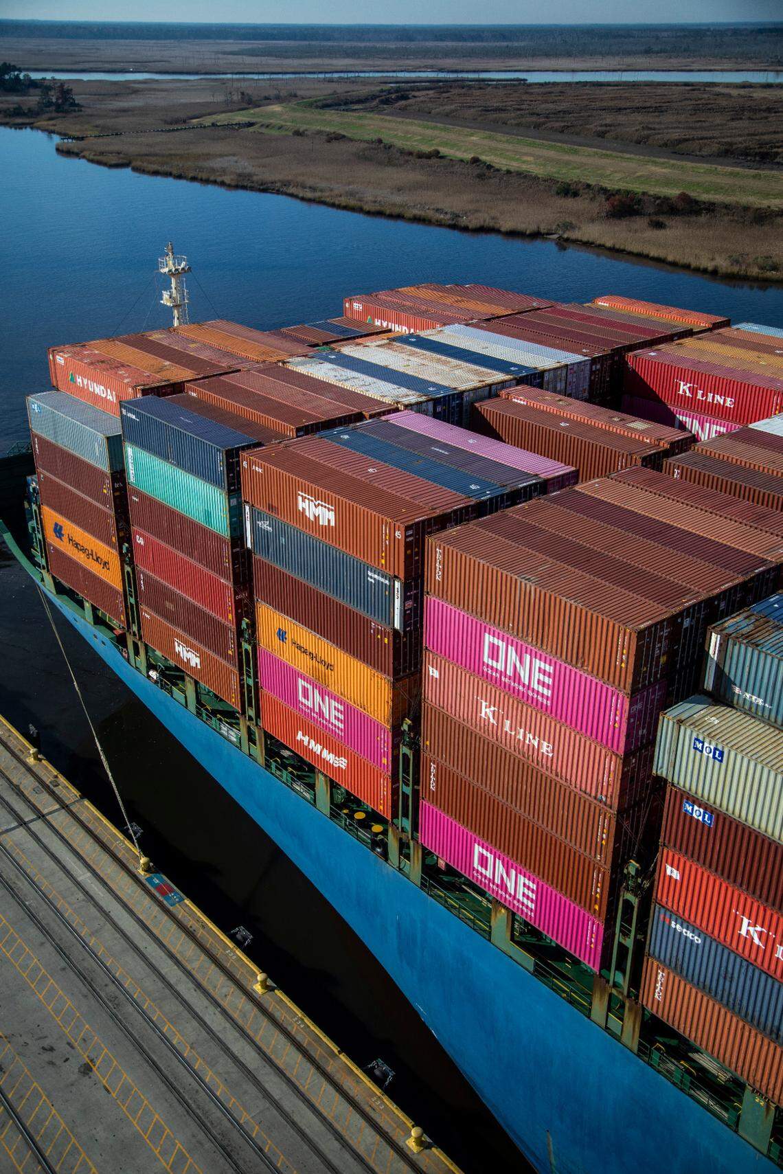 The container ship Hyundai Speed&nbsp;is berthed on Dec. 1, 2021, at the Port of Wilmington. The port is not experiencing backups seen at other U.S. first-call ports, but many ships are arriving off schedule after delays at other ports.