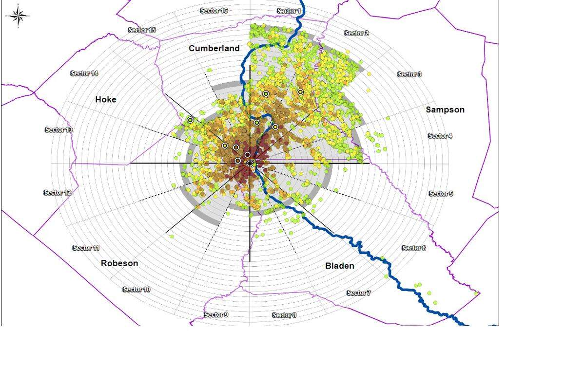 This map shows where Chemours must provide water filtration devices to homes whose wells contain elevated levels of forever chemicals around the company’s Fayetteville Works plant. The N.C. Department of Environmental Quality is asking the EPA to deem four forever chemicals as toxic air pollutants, in large part due to its work with Chemours.