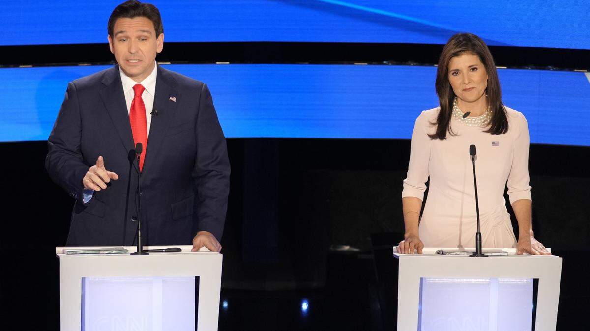 Florida Gov. Ron DeSantis speaks as he and former South Carolina Gov. Nikki Haley take part in a Republican Presidential Primary Debate at Drake University in Des Moines, Iowa hosted by CNN.