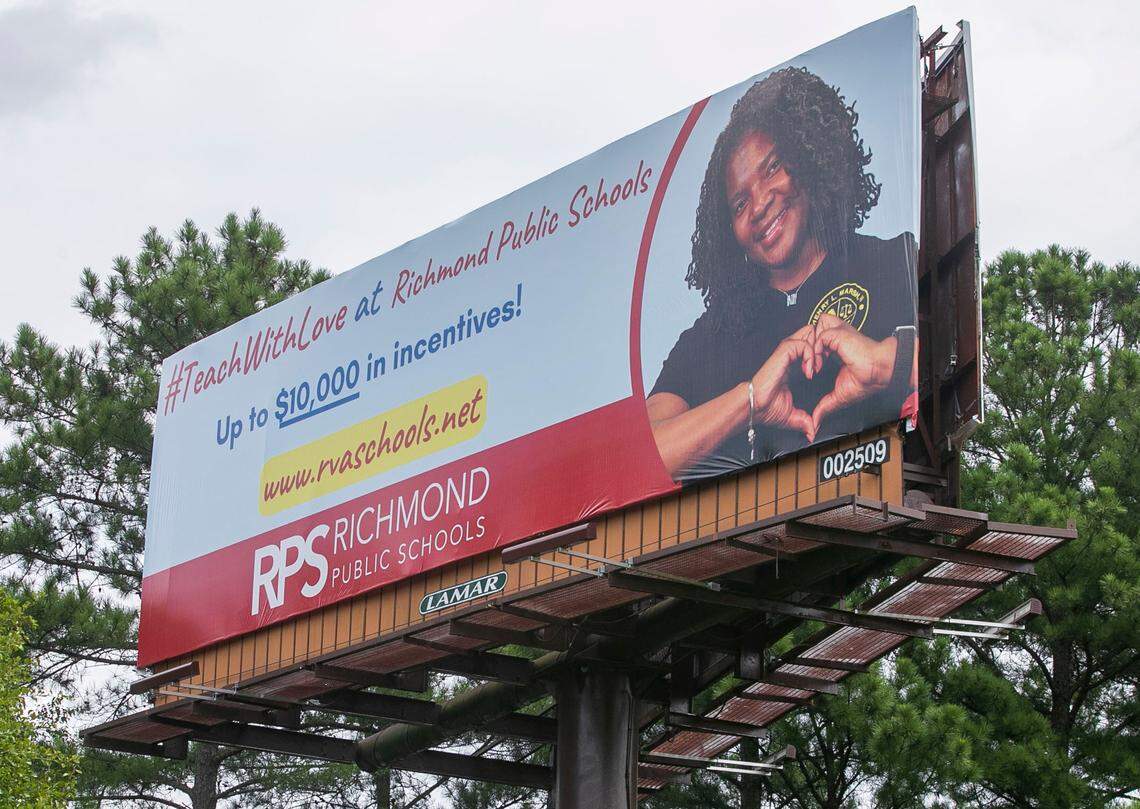 A billboard along I-440 near New Bern Ave. in Raleigh, N.C. recruits teachers for the Richmond Public Schools on Tuesday, August 23, 2022. A search of the job openings on the Richmond, Virginia Public Schools website revealed multiple job opportunities, many with signing bonuses.