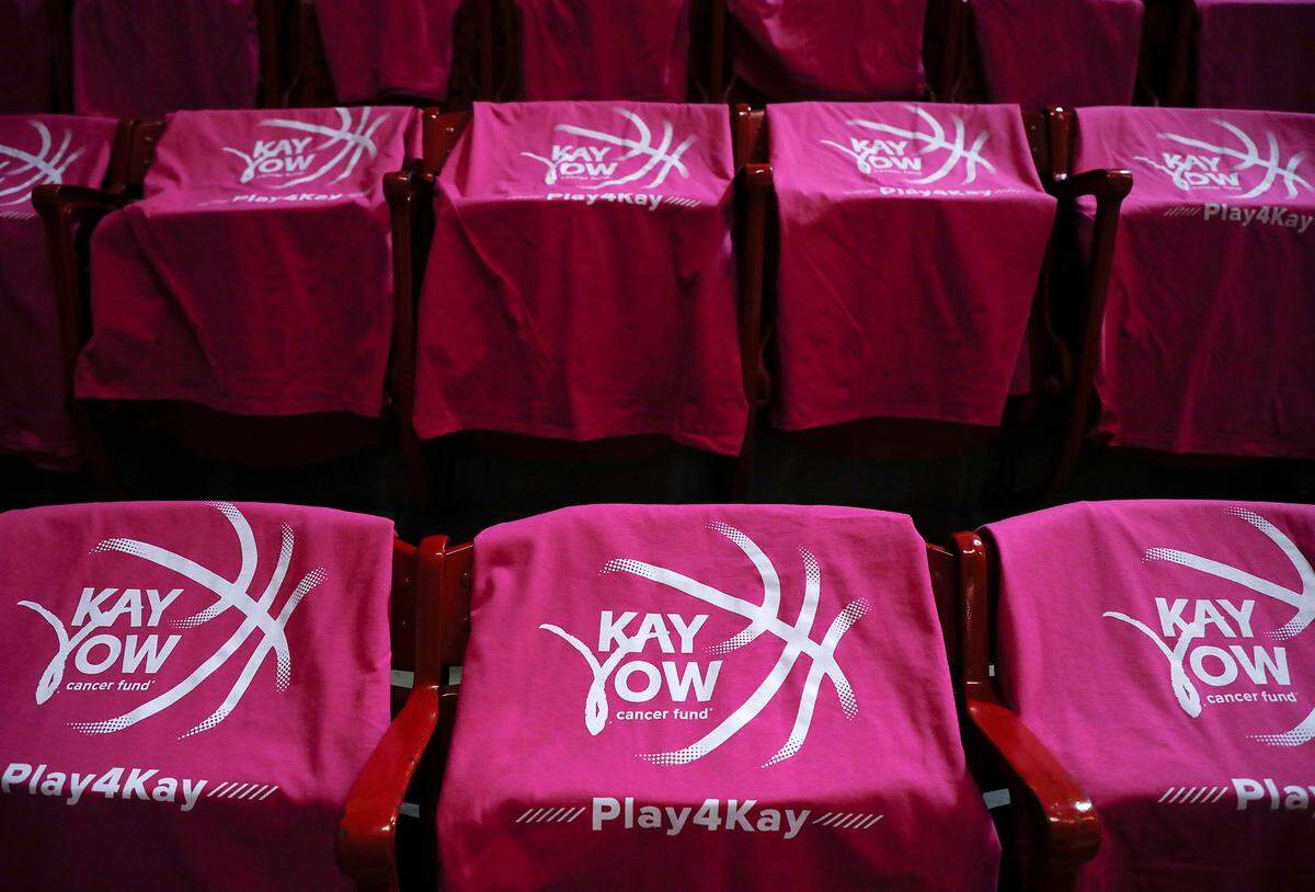 Pink shirts drape the seats in Reynolds Coliseum prior to the Wolfpack’s Play4Kay Game against Louisville on Monday, Feb. 5, 2024, in Raleigh, N.C.