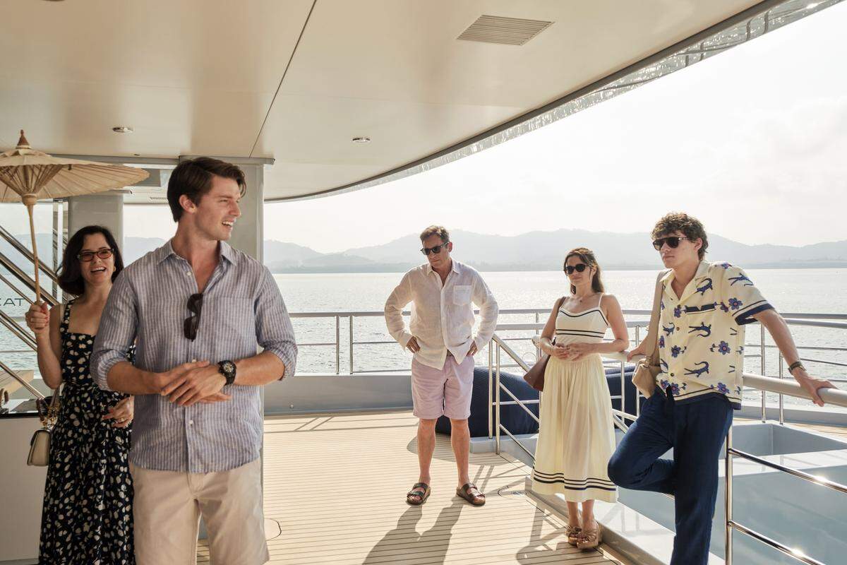 Jason Isaacs, Parker Posey, Patrick Schwarzenegger, Sarah Catherine Hook and Sam Nivola in season 3 of “The White Lotus” on HBO.