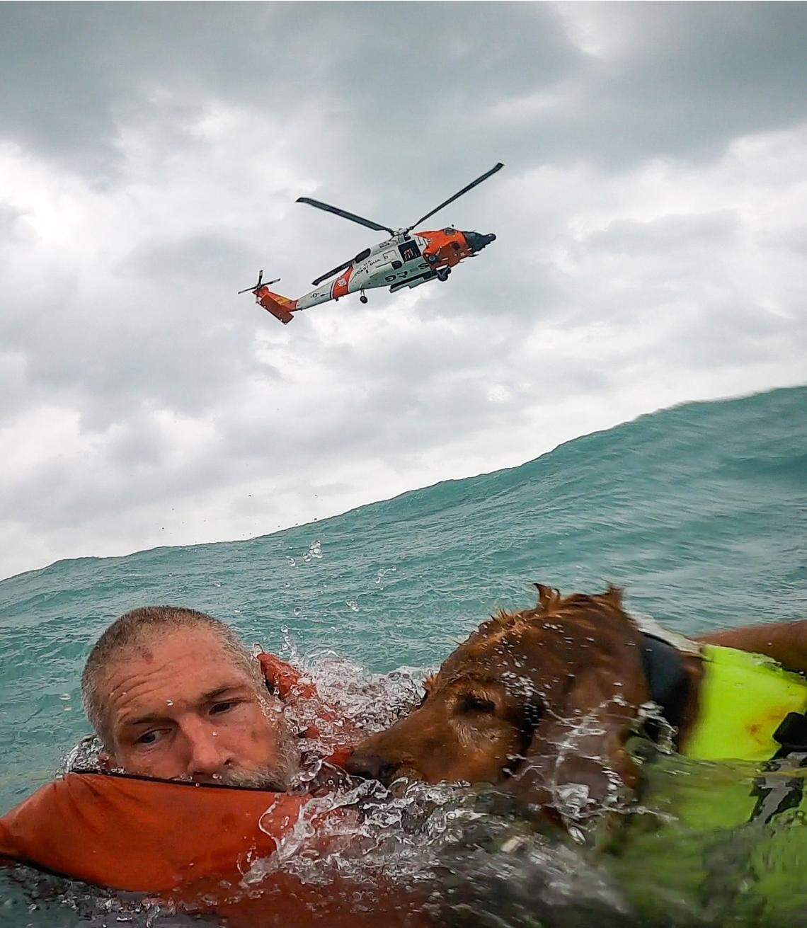US Coast Guard Air Station Clearwater saved a man and his dog, Thursday, during Hurricane Helene after his 36-ft sailboat became disabled and started taking on water approximately 25 miles off Sanibel Island, Florida.