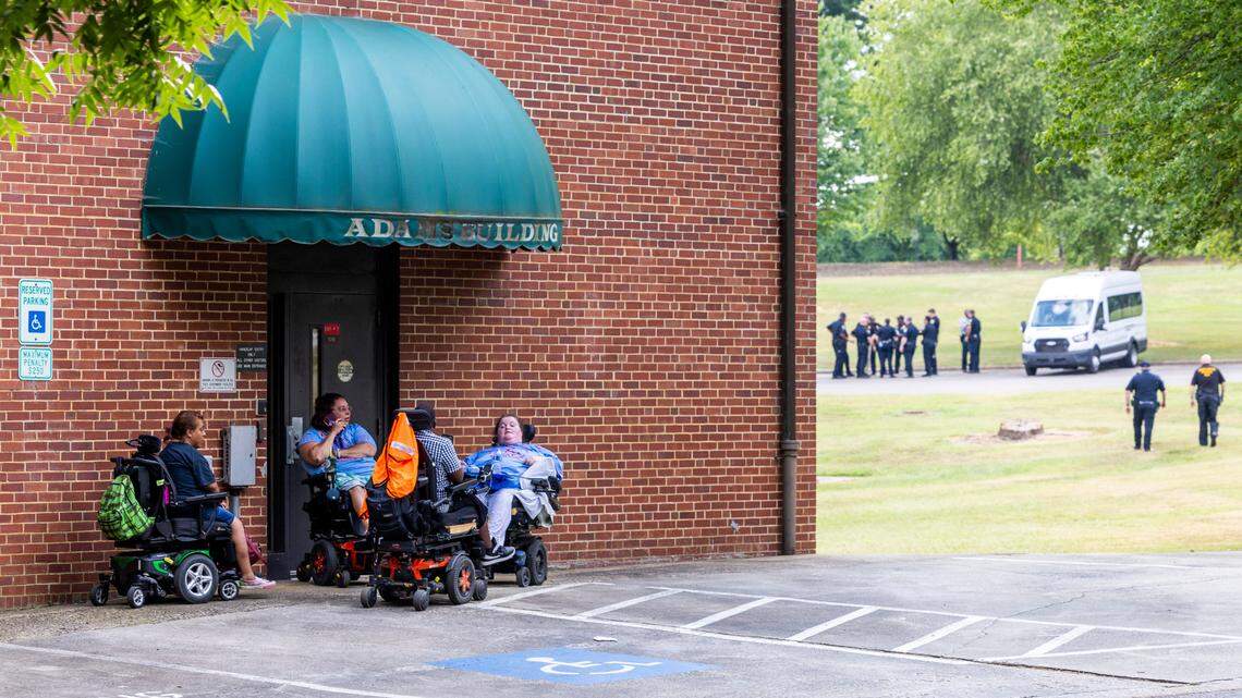 People in wheelchairs block exterior doors of the NC Department of Health and Human Services building in Raleigh at times chanting “I’d rather go to jail than to die in a nursing home.” Protesters with the National ADAPT organization demanded improved service and support and an opportunity to speak with NC DHHS Sec. Kody Kinsley. At around 6 p.m. police left the scene without arrests.