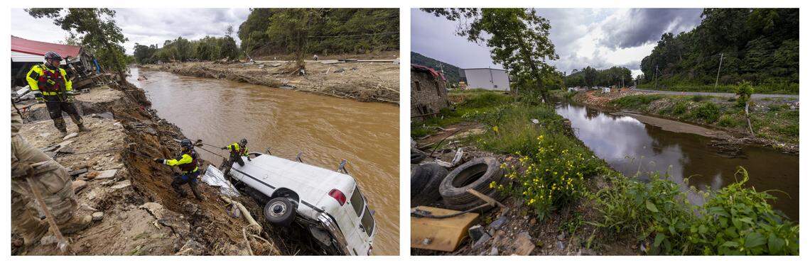 A rescue team from Atlantic Beach, at left, searches a van that Helene flooding swept into the Swannanoa River. At right, debris remains nearly a year after the storm.