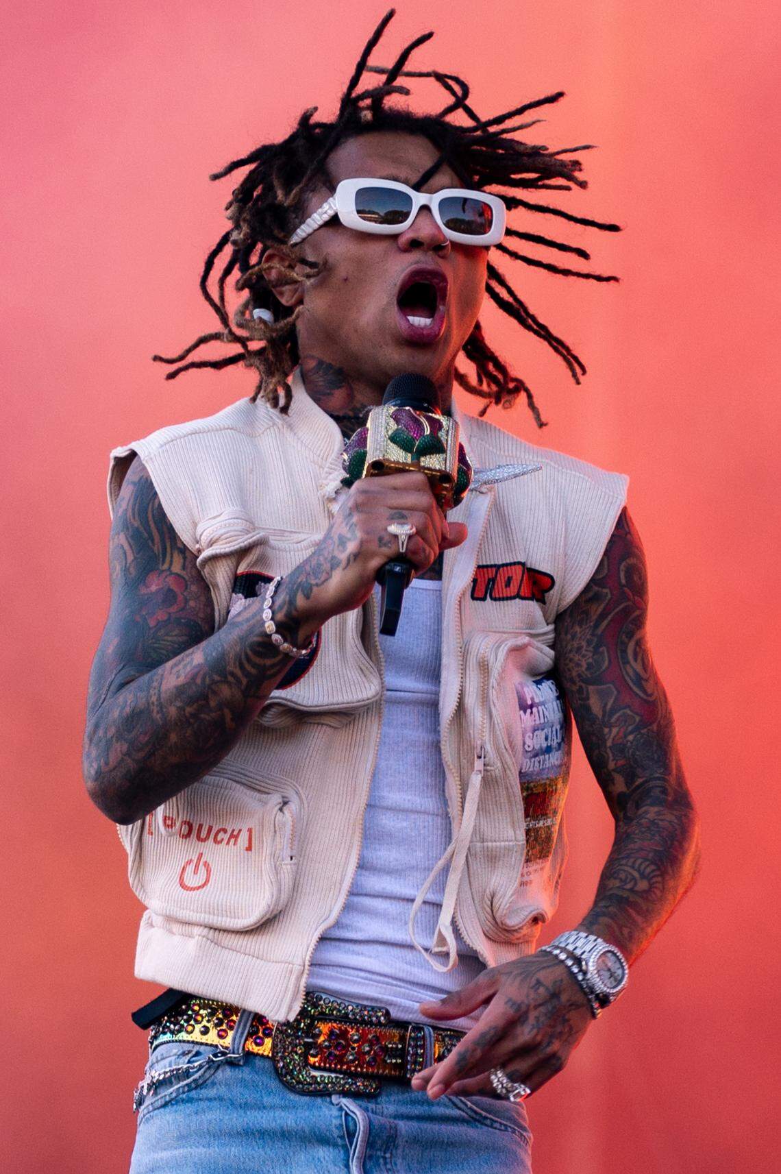 Swae Lee from the Rae Sremmurd duo performs at the second day of Dreamville Festival at Dix Park in Raleigh, N.C. on Sunday, April 7, 2024.