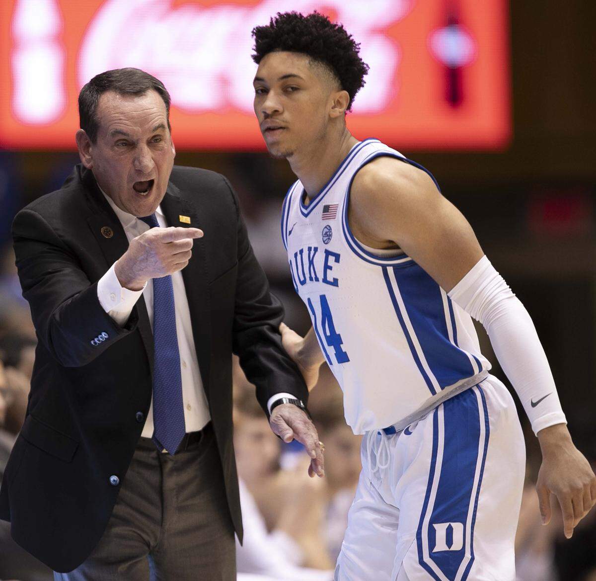 Duke coach Mike Krzyzewski directs Jordan Goldwire (14) during the first half against Virginia Tech on Saturday, February 22, 2020 at Cameron Indoor Stadium in Durham, N.C.