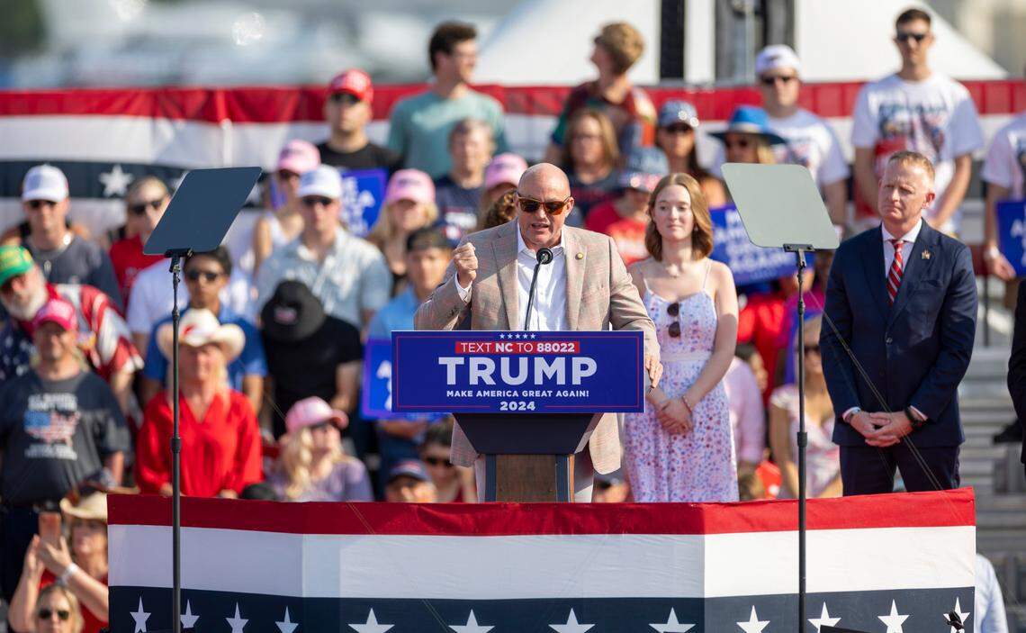 N.C. Senator Danny Britt of Robeson County, address a rally for former President Donald Trump at the Aero Center at the Wilmington Airport on Saturday, April 20, 2024 in Wilmington, N.C. Britt was one of only a couple of speakers to address the thousands gathered to see Trump. The rally was cancelled due to the threat of inclement weather before Trump arrived.