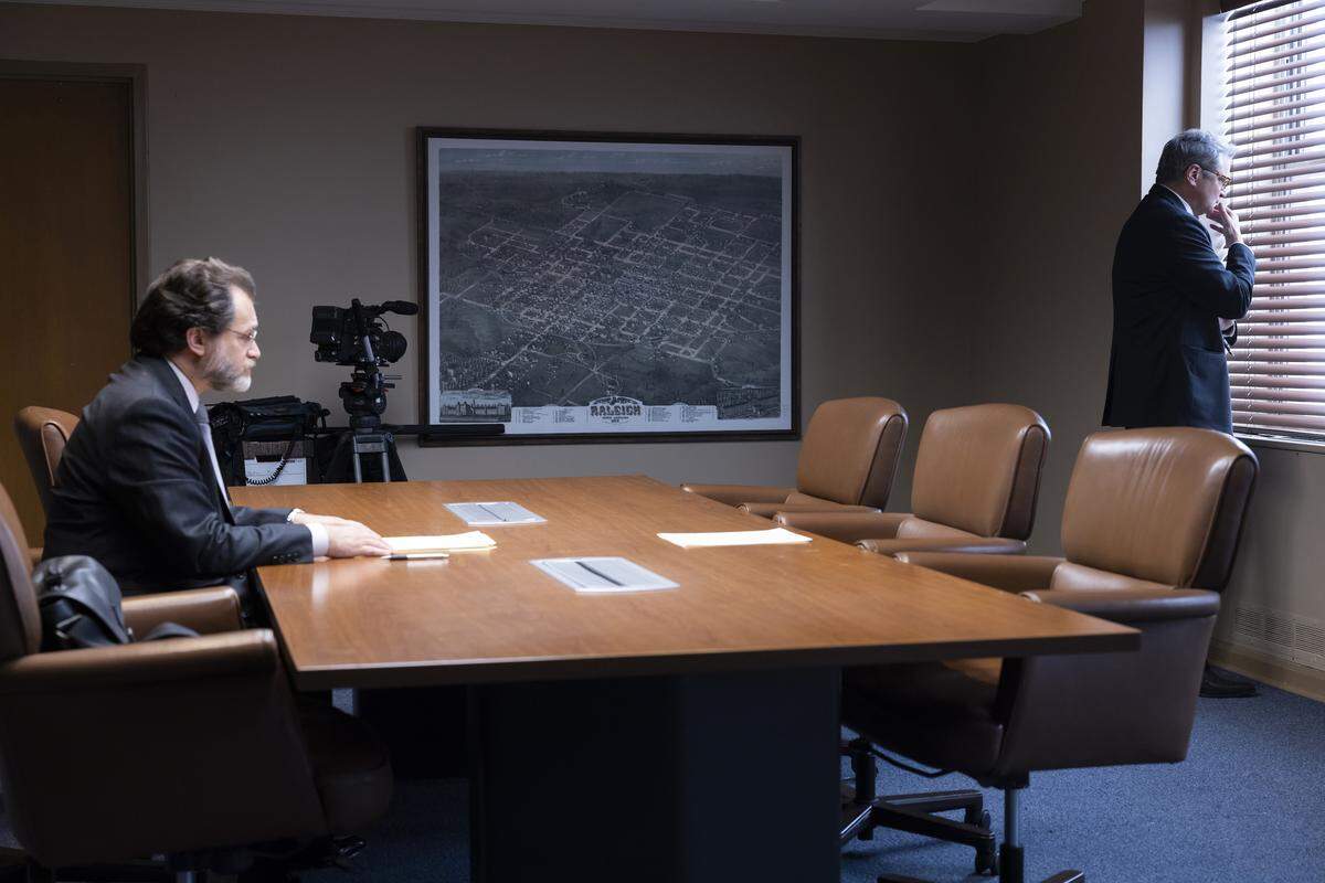 Michael Stuhlbarg as David Rudolf and Colin Firth as Michael Peterson in the HBO Max series “The Staircase.”