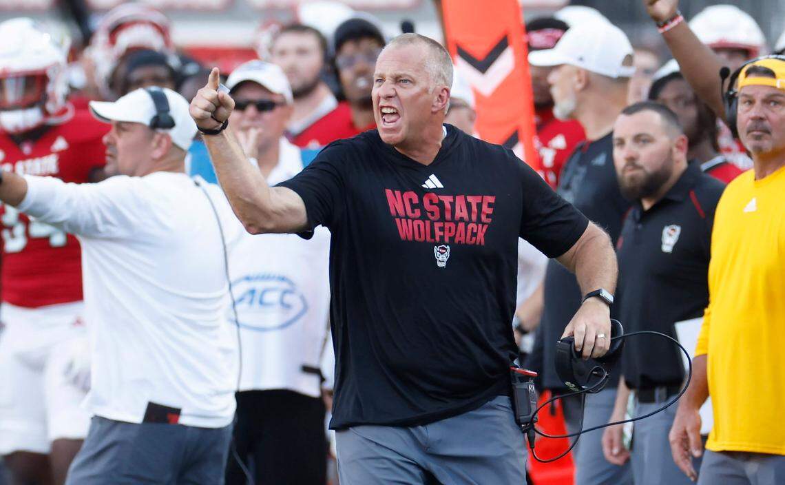 N.C. State head coach Dave Doeren yells at the officials during the second half of N.C. State’s 24-17 victory over Clemson at Carter-Finley Stadium in Raleigh, N.C., Saturday, Oct. 28, 2023.