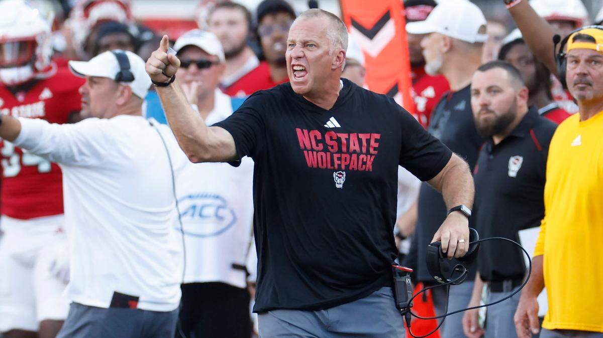 N.C. State head coach Dave Doeren yells at the officials during the second half of N.C. State’s 24-17 victory over Clemson at Carter-Finley Stadium in Raleigh, N.C., Saturday, Oct. 28, 2023.