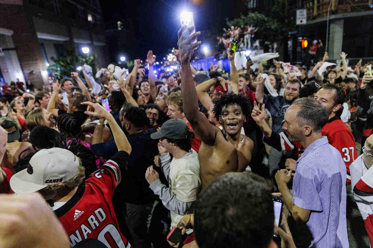 Fans celebrated in the streets after the Carolina Hurricanes won their second Stanley Cup in Glenwood South District on June 14, 2026, in Raleigh, North Carolina. The Hurricanes last won the Stanley Cup in 2006.