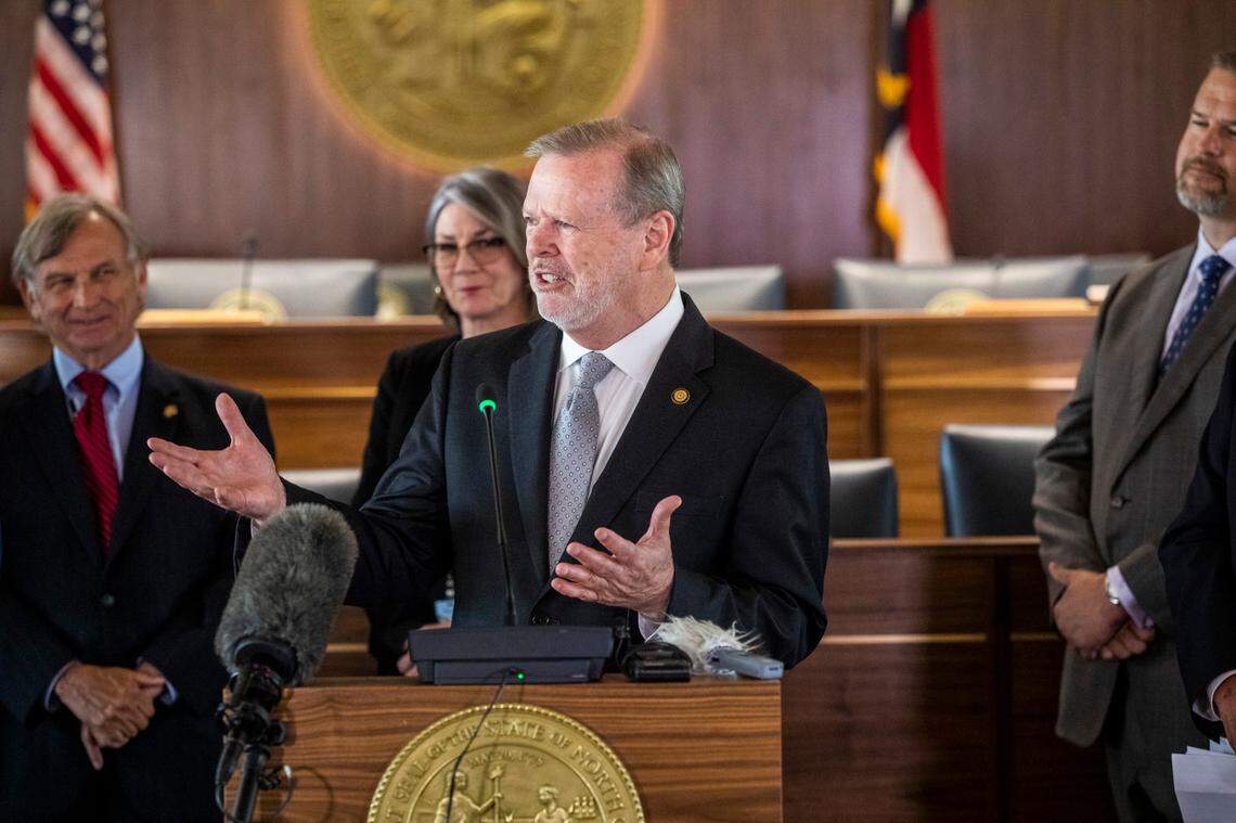 Senate leader Phil Berger answers questions from reporters during a press conference outlining the state budget Monday, June 21, 2021 at the North Carolina Legislative Building. The budget includes tax cuts, raises and bonuses.