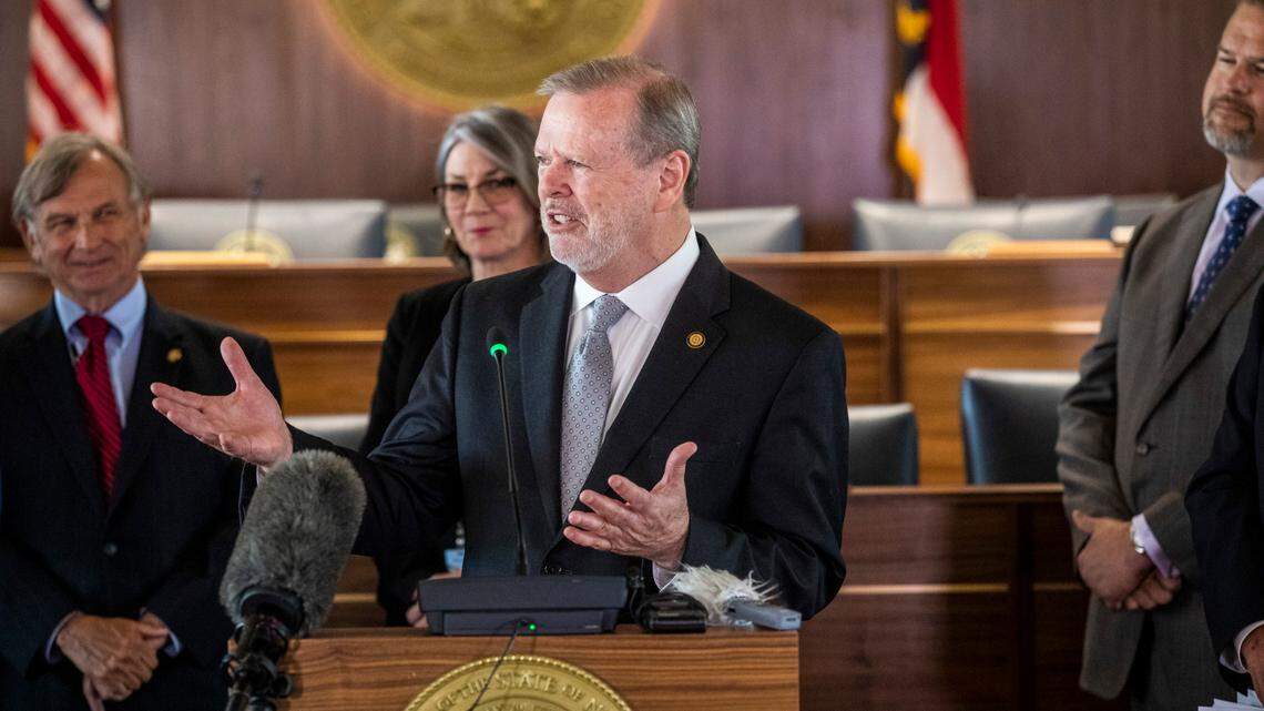 Senate leader Phil Berger answers questions from reporters during a press conference outlining the state budget Monday, June 21, 2021 at the North Carolina Legislative Building. The budget includes tax cuts, raises and bonuses.