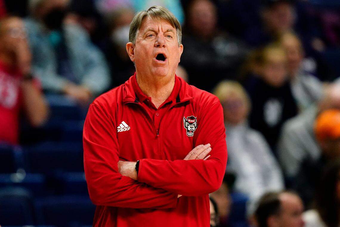 North Carolina State head coach Wes Moore calls out to players during the first quarter of a college basketball game against Notre Dame in the Sweet Sixteen round of the NCAA women’s tournament, Saturday, March 26, 2022.