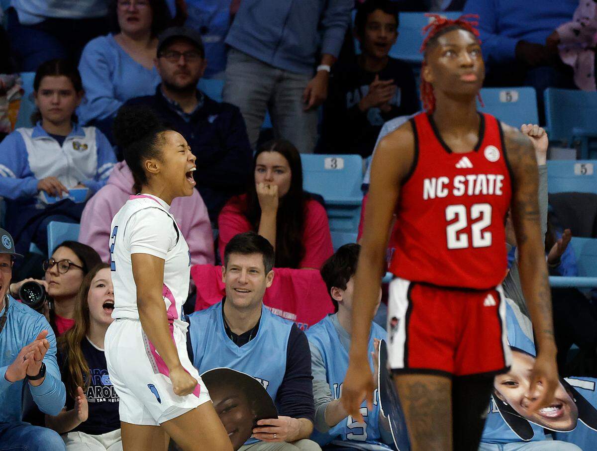 North Carolina’s Grace Townsend reacts during the second half of the Tar Heels’ 66-65 win over N.C. State on Sunday, Feb. 16, 2025, at Carmichael Arena in Chapel Hill, N.C.
