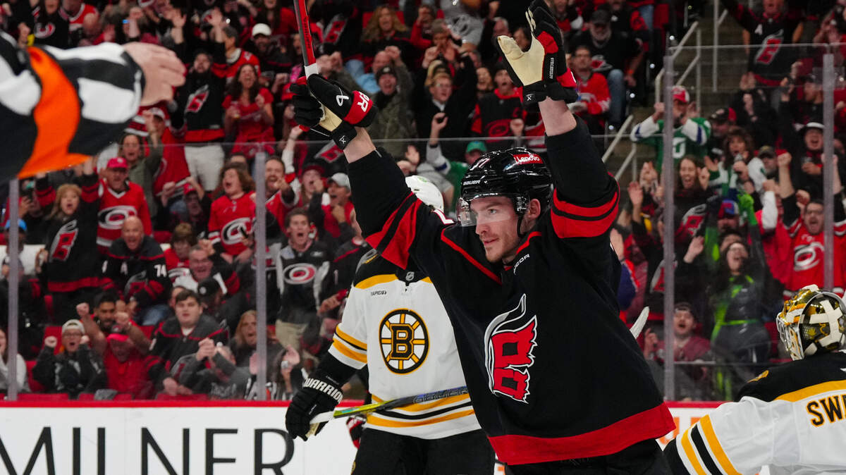 Carolina Hurricanes right wing Andrei Svechnikov (37) celebrates his goal against the Boston Bruins during the first period at Lenovo Center.