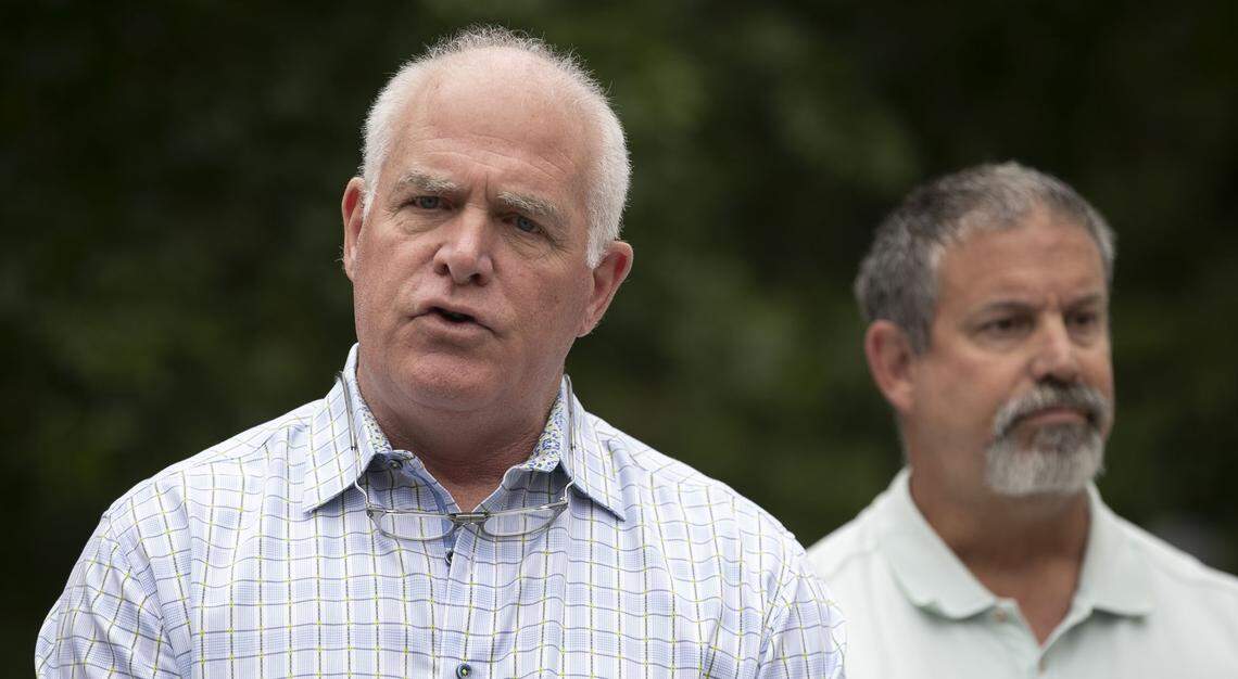 Ed Smith, left, owner of Fit4Life health clubs and Rich Hooten of Body Sculptors speak during a ReopenNC press briefing on Monday, May 25, 2020 in Raleigh, N.C. Both men say their businesses are suffering after not being able to open in phase two of Gov. Roy Cooper’s easing of coronavirus restrictions.