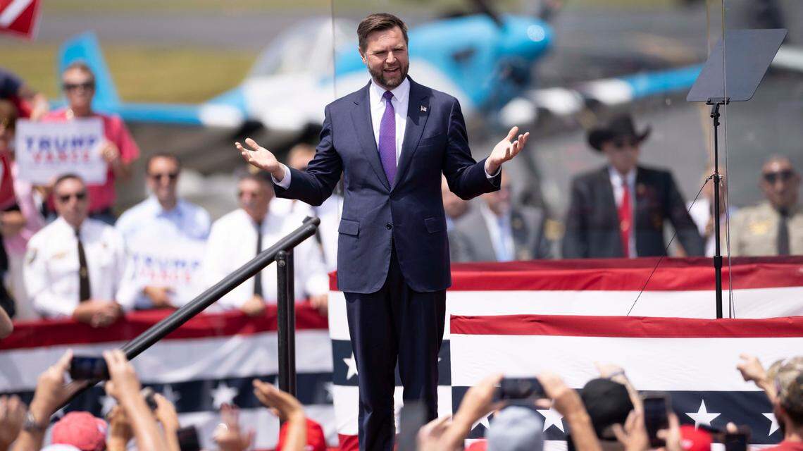 Sen. JD Vance, former President Donald Trump’s running mate, takes the stage during a rally at the North Carolina Aviation Museum & Hall of Fame in Asheboro, NC on Wednesday, Aug. 21, 2024.