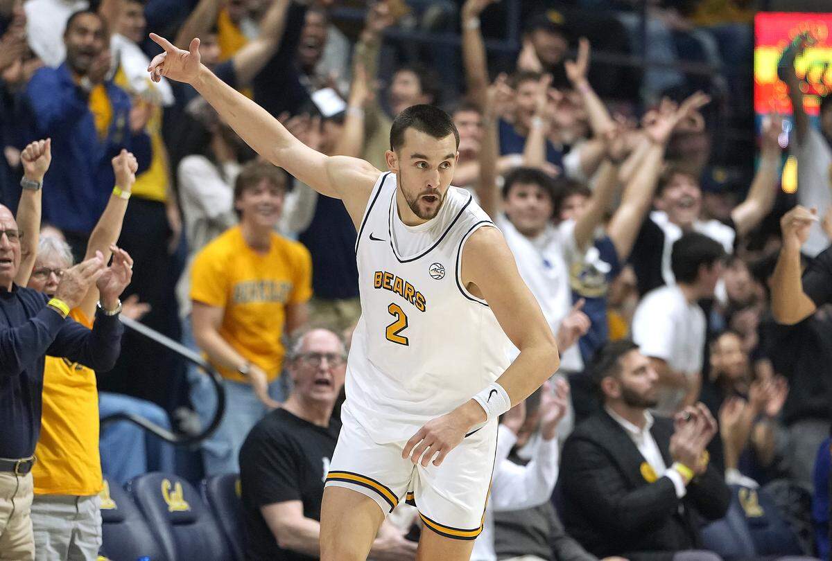 California’s John Camden reacts after making a 3-pointer against North Carolina in the first half at Haas Pavilion on Jan. 17, 2026, in Berkeley, California.