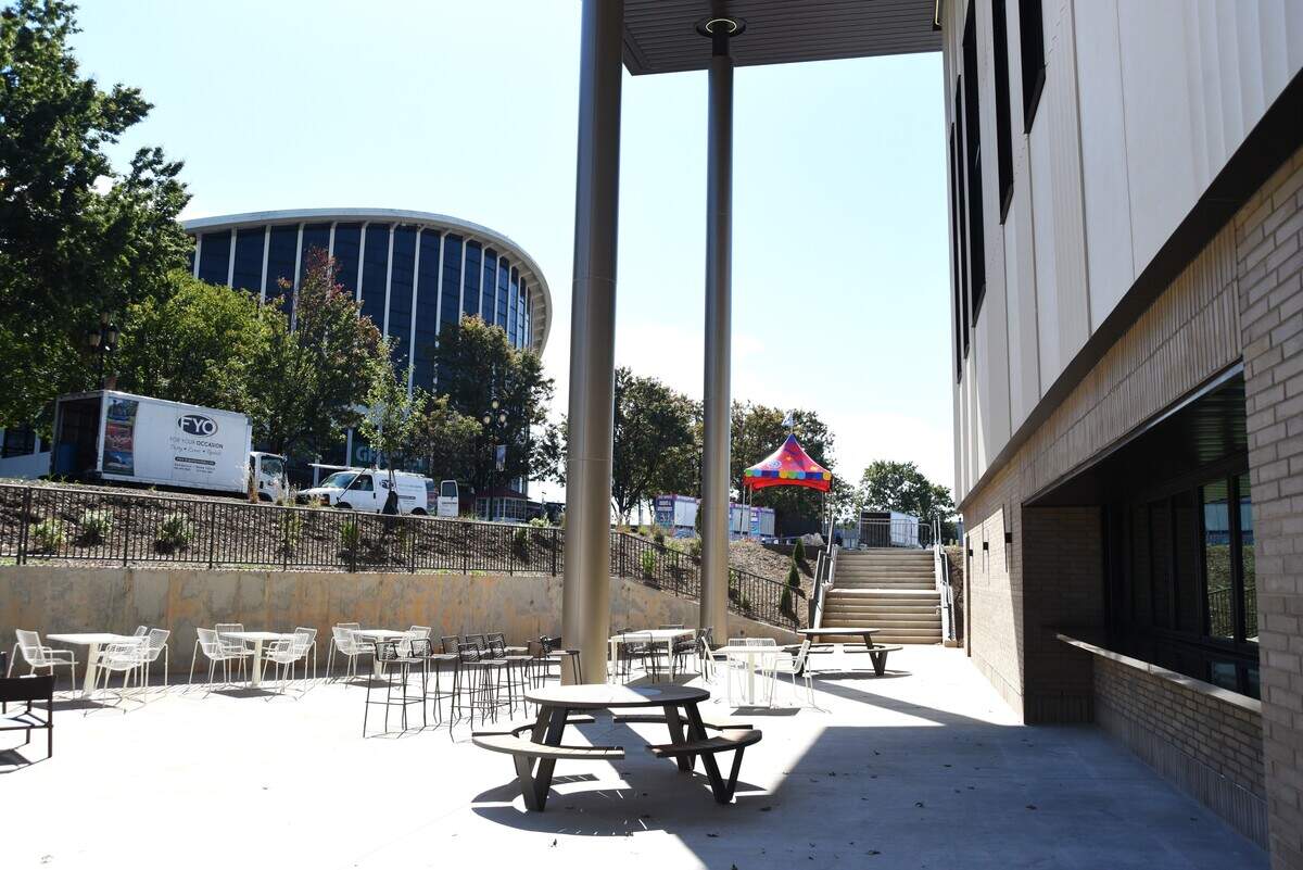 The new food hall at the NC State Fair is situated next door to Dorton Arena and includes a large outdoor patio.