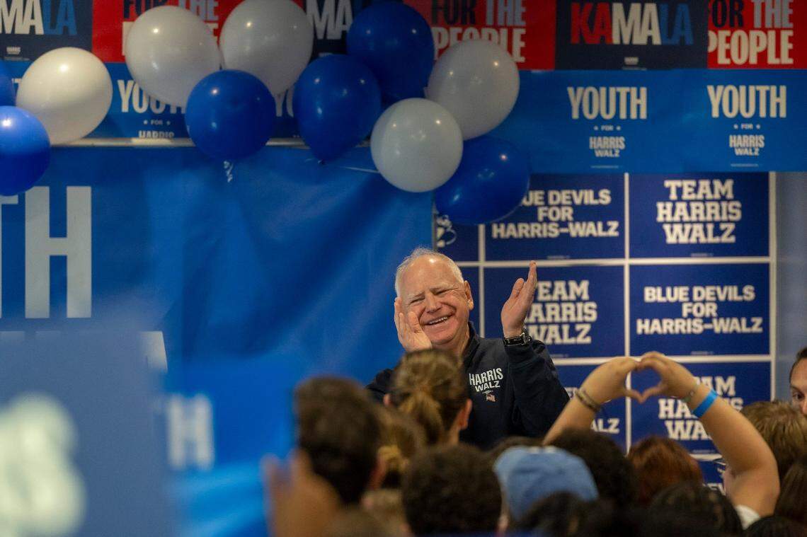 Minnesota Gov. Tim Walz, the Democratic vice presidential candidate, is introduced during a campaign event at Duke University on Thursday, Oct. 24, 2024 as Election Day draws near.