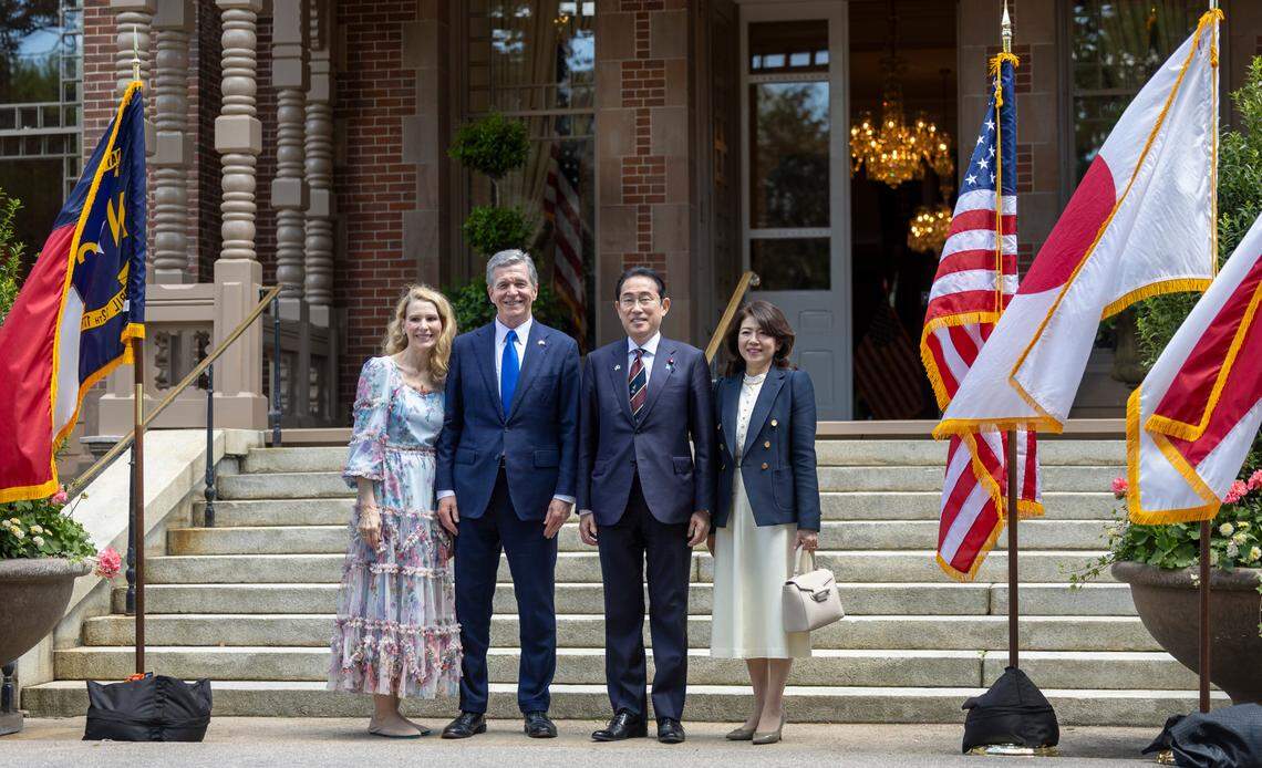 North Carolina First Lady Kristin Cooper, North Carolina Governor Roy Copper, Japanese Prime Minister Fumio Kishida and Japanese First Lady Yuko Kishida pose for a photograph before attending a luncheon at the Executive Mansion on Friday, April 12, 2024 in Raleigh, N.C.