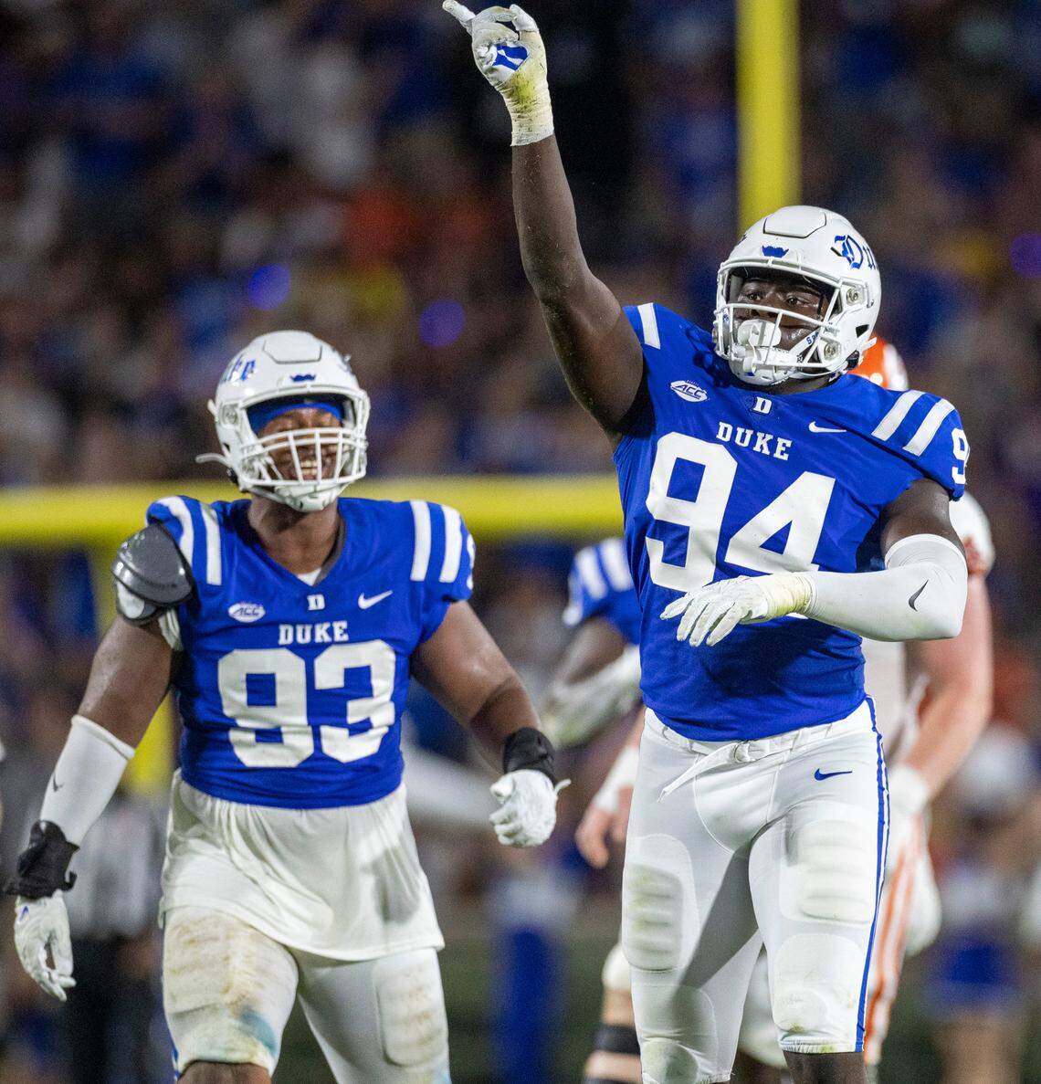 Duke’s R.J. Oben (94) reacts after sacking Clemson quarterback Cade Klubnik (2) for a nine yard loss in the second quarter on Monday, September 4, 2023 at Wallace Wade Stadium Stadium in Durham, N.C.