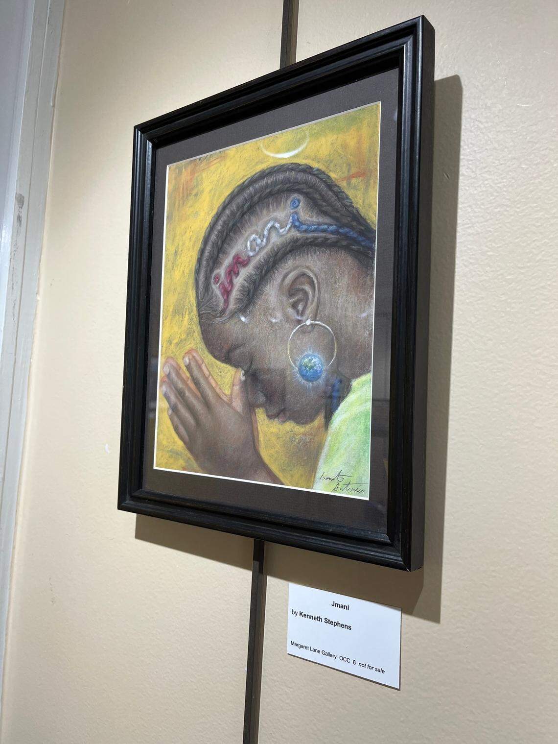 “Jmani,” a piece by Kenneth Stephens, is displayed during the Something to Say art exhibit at Margaret Lane Gallery in Hillsborough from July 27 to Aug. 21, 2022. The exhibit features visual artwork and poetry by incarcerated men at Orange Correctional Center and other prisons throughout the state.