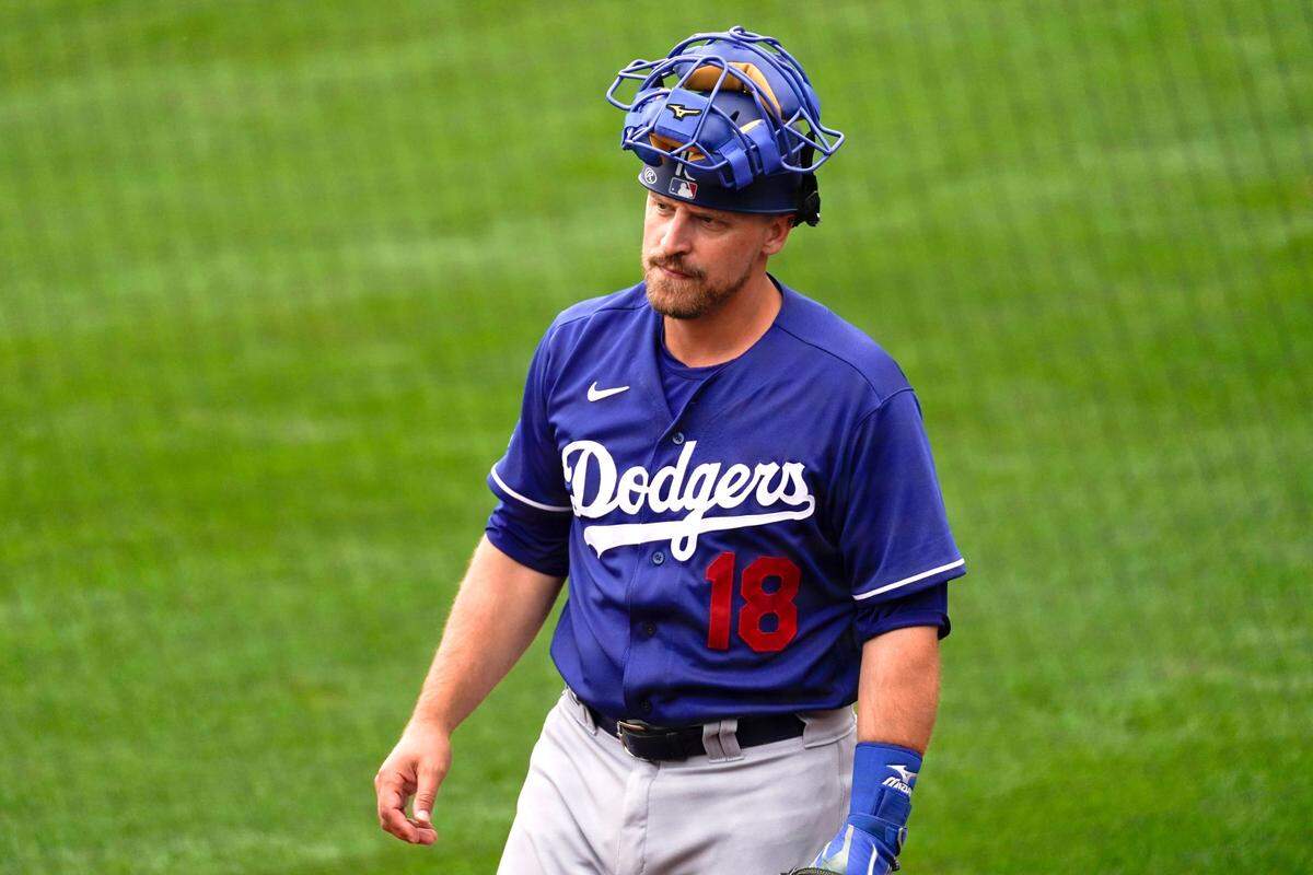 Los Angeles Dodgers catcher Tim Federowicz (18) on March 23, 2021. The former Apex resident won a silver medal from the Olympics after competing for USA Baseball’s professional team.
