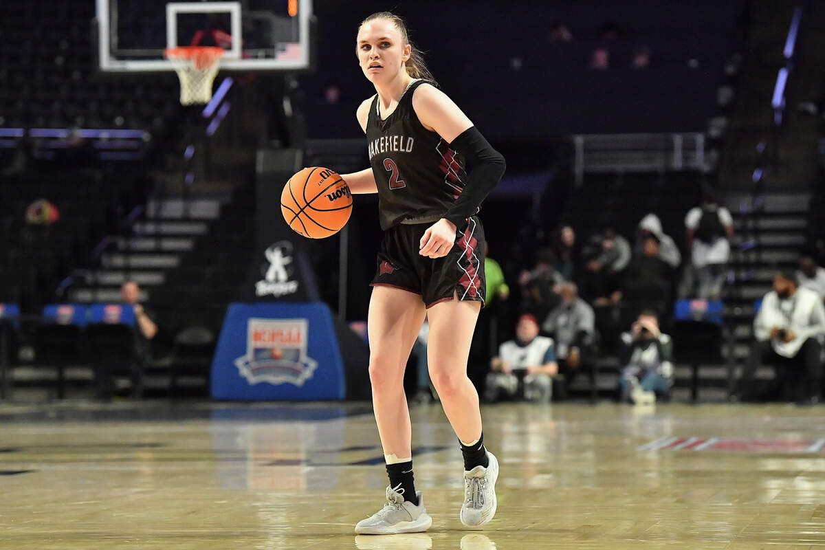 Wakefield’s Lyla Bagwell (2) brings the ball downcourt to set up a play against Hoggard during the second half. The Wakefield Wolverines and the Hoggard Vikings met in the NCHSAA 4A East Regional Final in Winston-Salem, N.C. on March 12, 2025. Wakefield wins 31-23.