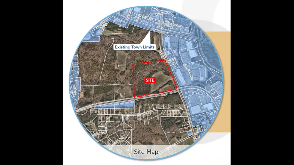 The location of the 43-acre mixed use project in Garner’s E District. The developer’s attorney said the project would be a project the town could be proud of.