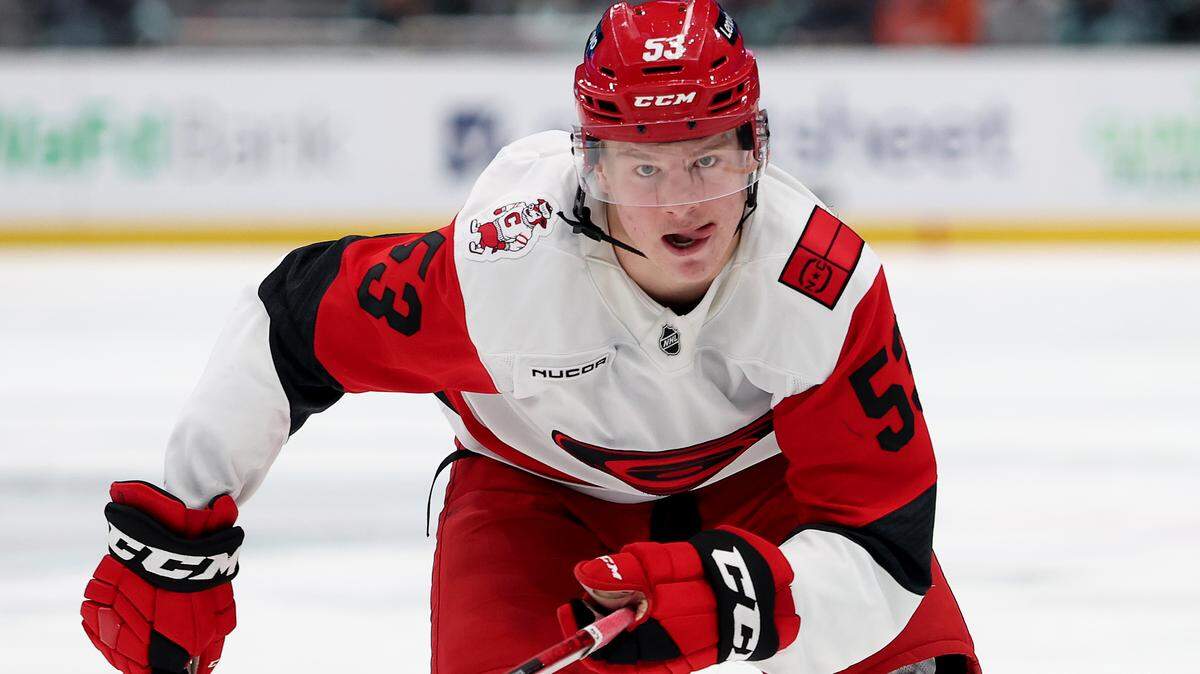 Jackson Blake of the Carolina Hurricanes skates during the third period against the Seattle Kraken at Climate Pledge Arena on March 2, 2026 in Seattle, Washington.