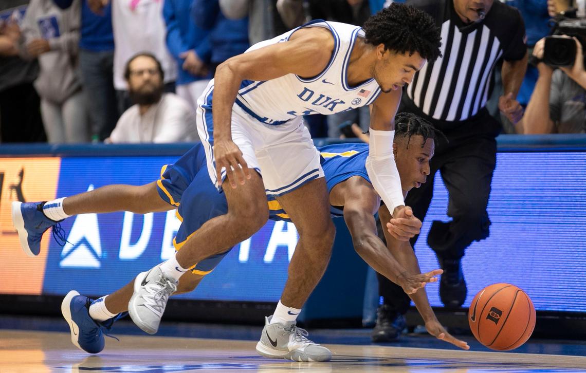 Duke’s Tre Jones (3) makes a steal from Fort Valley State’s Tristan Davis (1) during the first half on Wednesday, October 30, 2019 at Cameron Indoor Stadium in Durham, N.C.