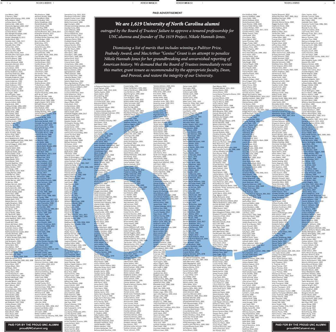 This two-page ad in the May 26, 2021 edition of The News & Observer shows support from UNC alumni for Nikole Hannah-Jones to have tenure.