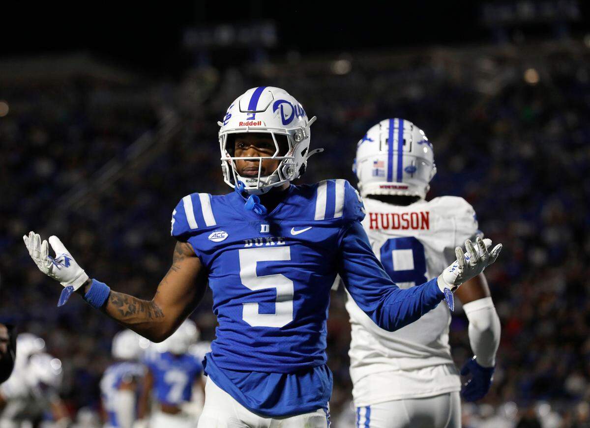 Duke’s Kimari Robinson motions to an official during the first half of the Blue Devils’ 28-27 overtime loss to Southern Methodist University on Saturday, Oct. 26, 2024, at Wallace Wade Stadium in Durham, N.C.
