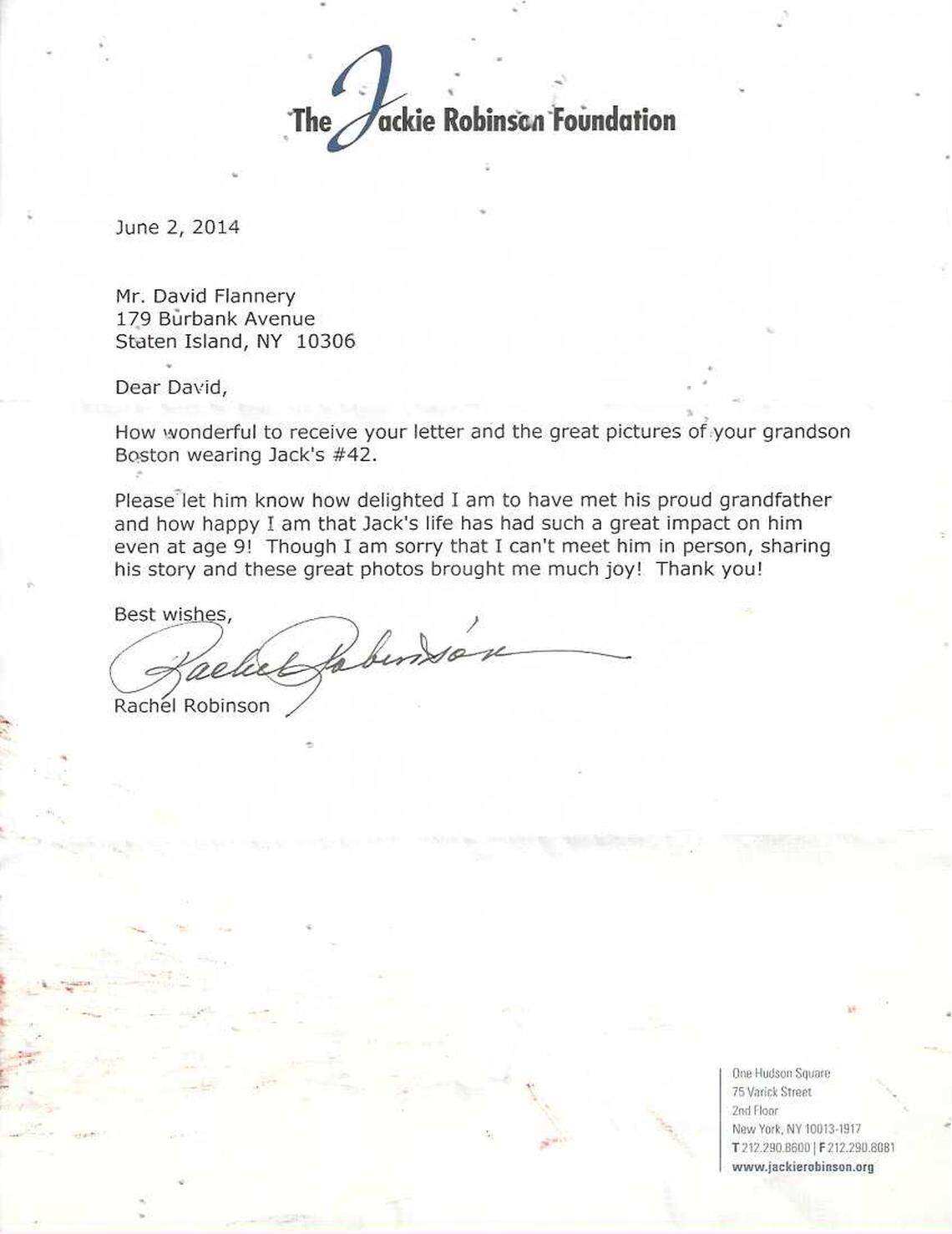 The letter Jackie Robinson’s widow, Rachel Robinson, wrote to UNC pitcher Boston Flannery’s grandfather.