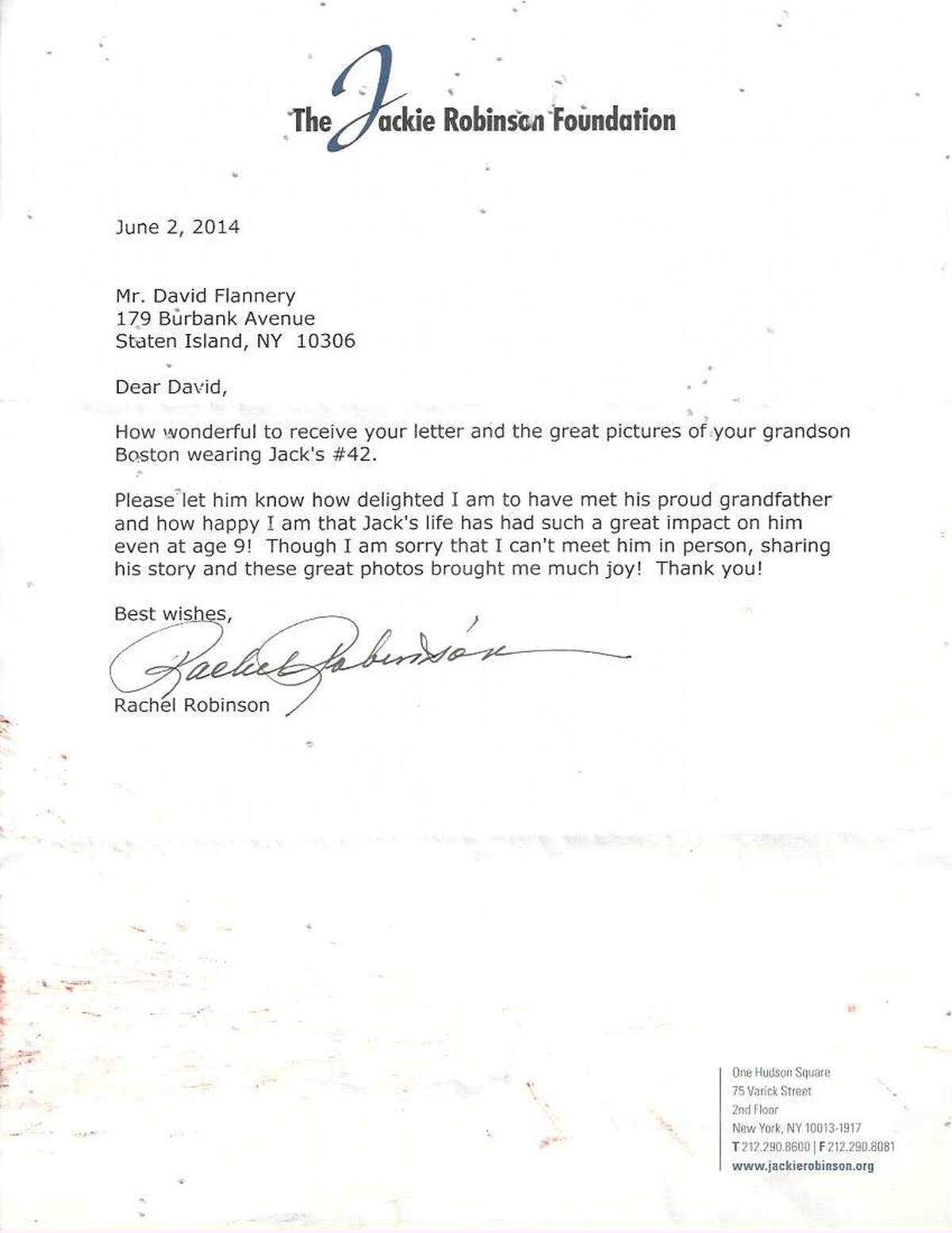 The letter Jackie Robinson’s widow, Rachel Robinson, wrote to UNC pitcher Boston Flannery’s grandfather.