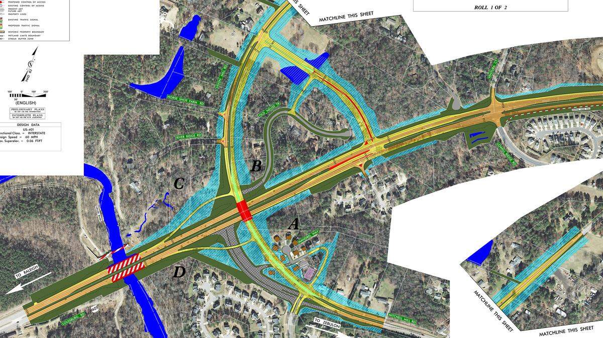 One of two options for reconfiguring the intersection of Ligon Mill and Mitchell Mill roads with U.S. 401 involves building a bridge over 401 and a new spur road that connects to Ligon Mill. New ramps south of the bridge would carry traffic from eastbound Ligon Mill onto southbound U.S. 401 and from northbound 401 onto eastbound Mitchell Mill. All other turns would be made at the new spur road at a new traffic light north of the current intersection.