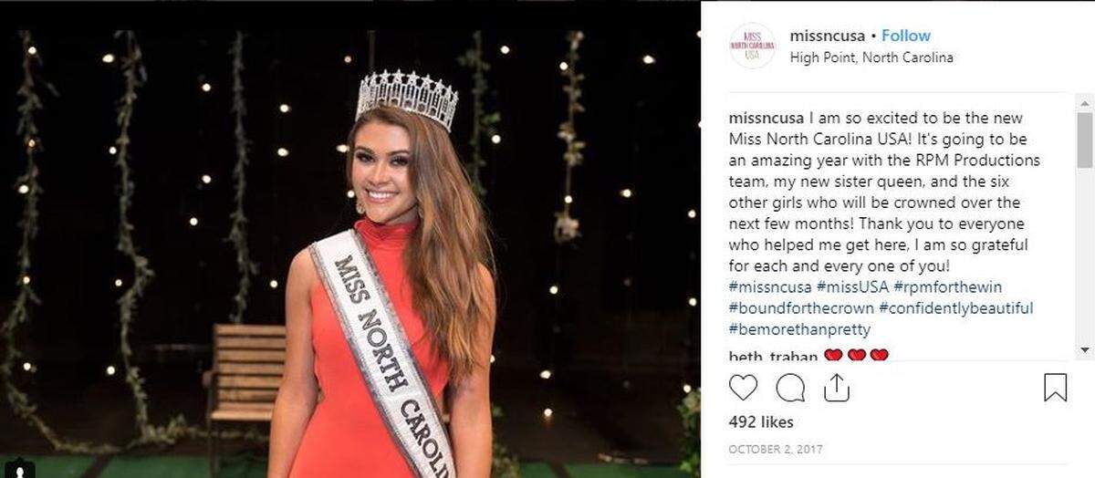 Caelynn Miller-Keyes shown on the Miss NC USA Instagram account shortly after winning the crown in October 2017.