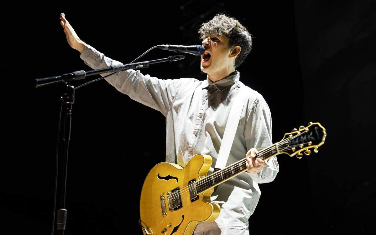 Vampire Weekend front man Ezra Koenig in concert at Raleigh, N.C.’s Red Hat Amphitheater, Wednesday night, Oct. 9, 2024.